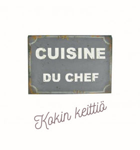 Ranskalainen vanha katukyltti "Kokin keittiö tai pomon keittiö" tummansini-valkoinen tausta ja ruosteinen patina La Petite Provence