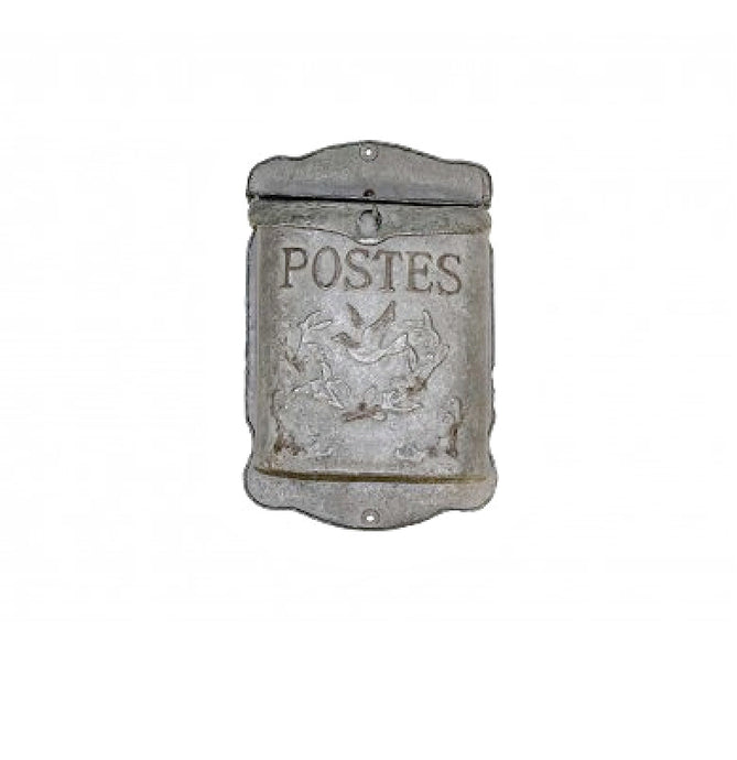 Postilaatikko ranskalaisella tekstillä Postes ja kyyhkyn kuvalla sinkkisen värinen luukullinen postilaatikko koriste La Petite Provence