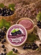 Bar soap Berry Blackcurrant, round in a wooden box 100g