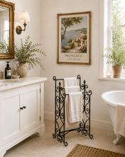 Towel rack, standing romantic swirl design, light or dark metal,