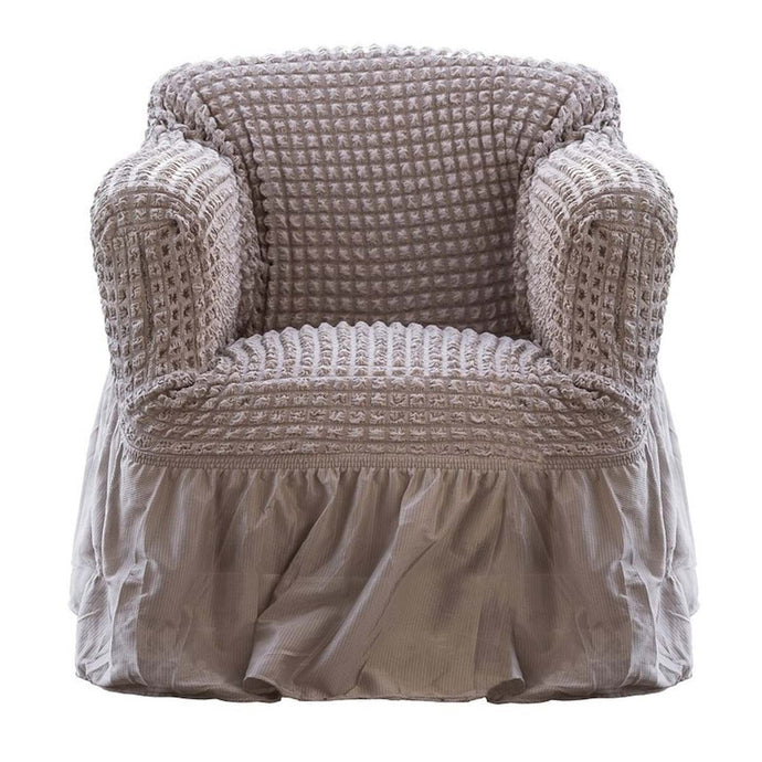 Nojatuolin irtopäällinen harmaanruskea joustava frillareunainen La Petite Provence