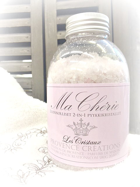 Alkuperäiset suomalaiset pyykkikristallit, Ma Cherie kirsikkaiset ja hedelmäiset, Provence Creations huuhteluaine ja pesutehostin