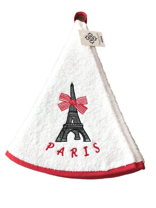 Froteekäsipyyhe Paris-tekstillä ja Eiffel-tornin kuvalla, punaiset reunukset ylellisessä valkoisessa puuvillafroteessa La Petite Provence