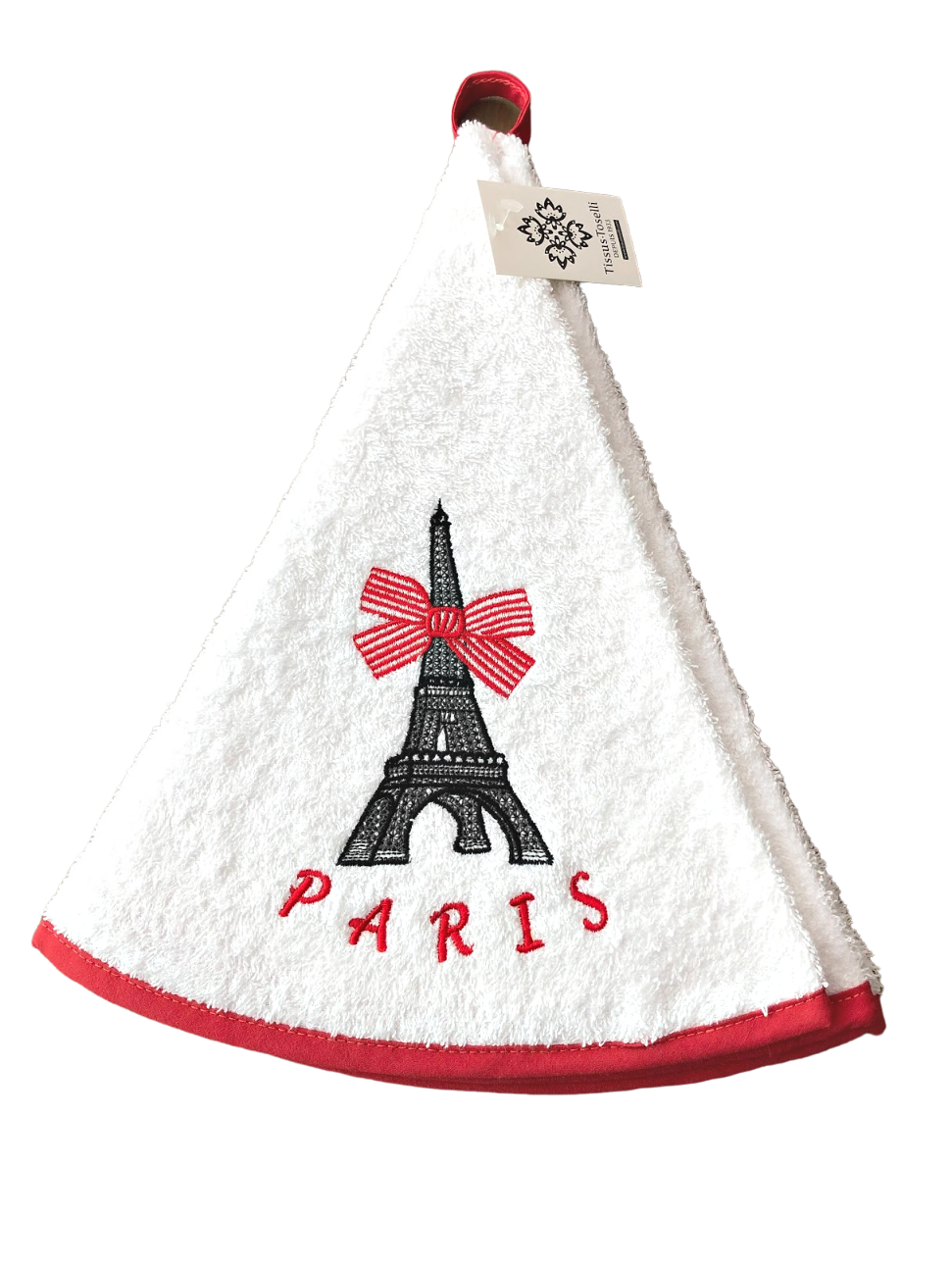 Froteekäsipyyhe Paris-tekstillä ja Eiffel-tornin kuvalla, punaiset reunukset ylellisessä valkoisessa puuvillafroteessa La Petite Provence