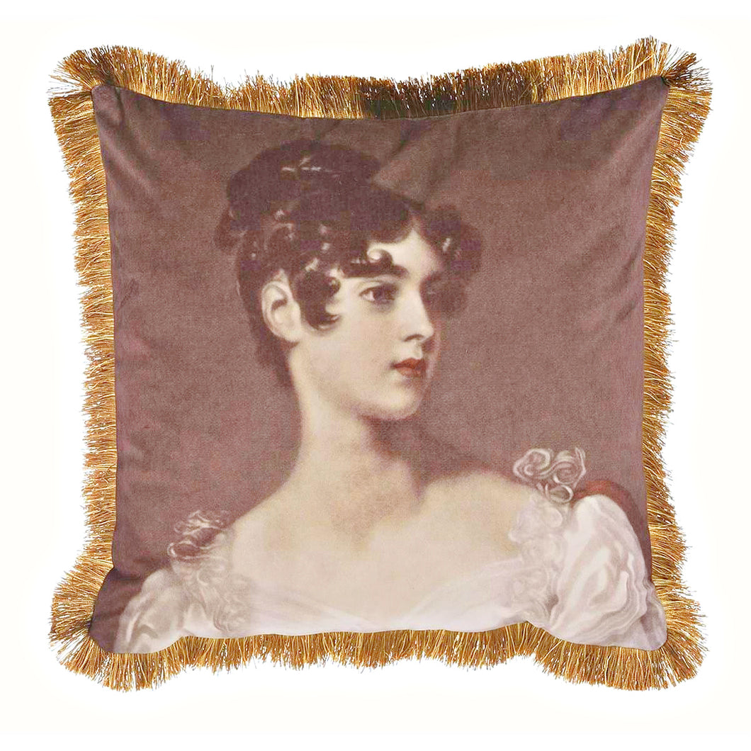 Kultahapsuinen plyysityynynpäällinen nuoren naisen kauniilla kuvalla La Petite Provence