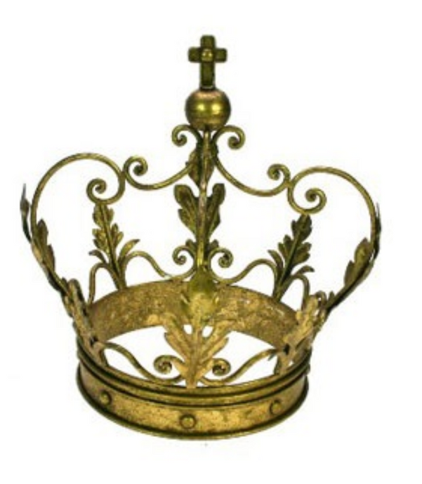 Kullan värinen oikean kokoinen kuninkaan kruunu, täyttä metallia, risti huipulla koristeena La Petite Provence