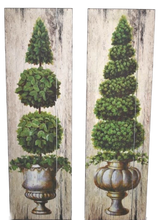 Buxus-puut, kaksi korkeata sisustustaulua vihreälehtisiä trimmattuja puita kauniissa vanhanaikaisissa ruukuissa puun näköisellä taustalevylläLa Petite Provence