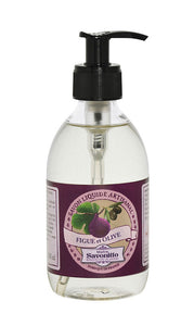 Nestesaippuapullo pumpulla, Viikuna-oliivi violetti etiketti jossa viikunan ja oliivin kuvia La Petite Provence