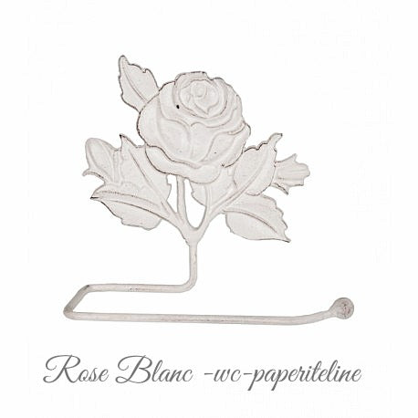 Valkoinen ruusuaiheinen vessapaperiteline jossa yksi ruusu ja lehtiä La Petite Provence