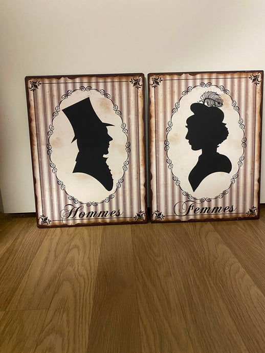 Toilet sign pair, striped Vintage Femmes and Hommes